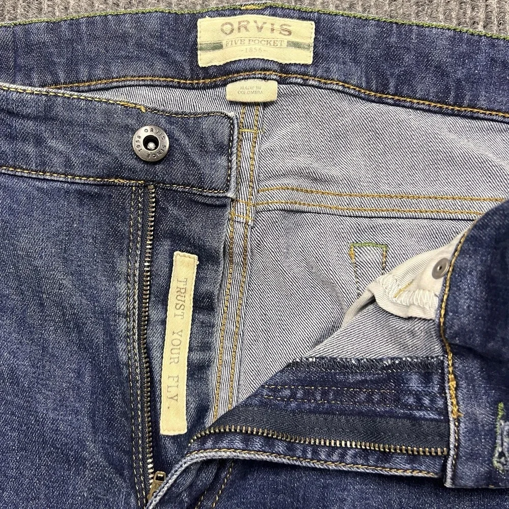 Orvis Canvas Pants Men 35x30 Blue Jeans 5 Pocket Straight Leg Cotton Stretch
